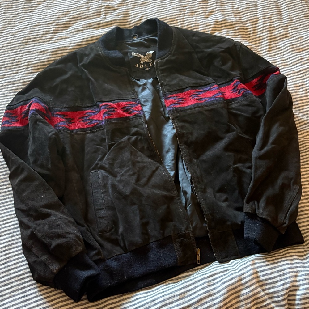 Vintage Adler Black Red and Blue Cowboy Indian Suede Bomber Jacket XL
